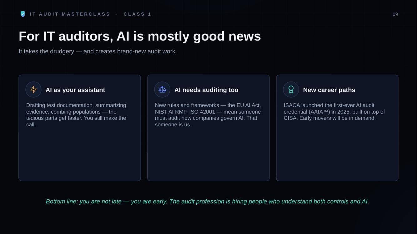 Class slide explaining why AI is mostly good news for IT auditors, from IT Audit MasterClass