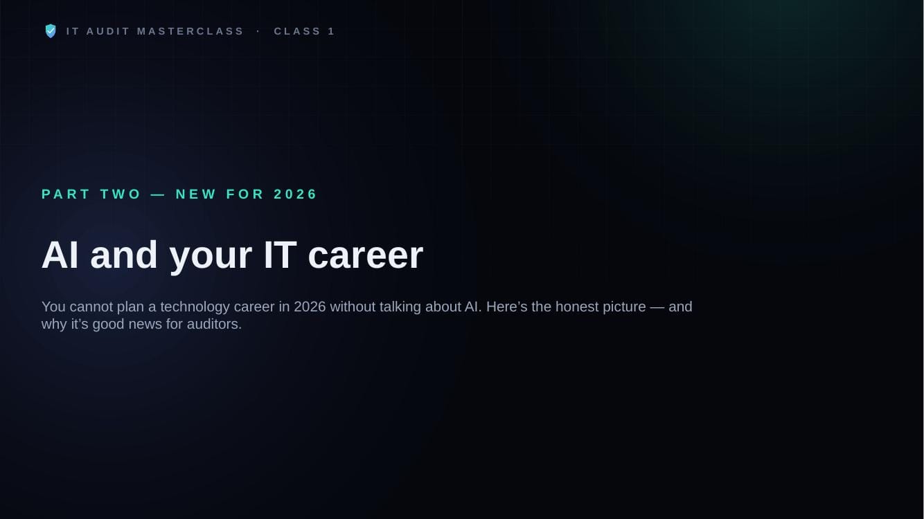 Section divider slide: AI and your IT career, from IT Audit MasterClass Class 1