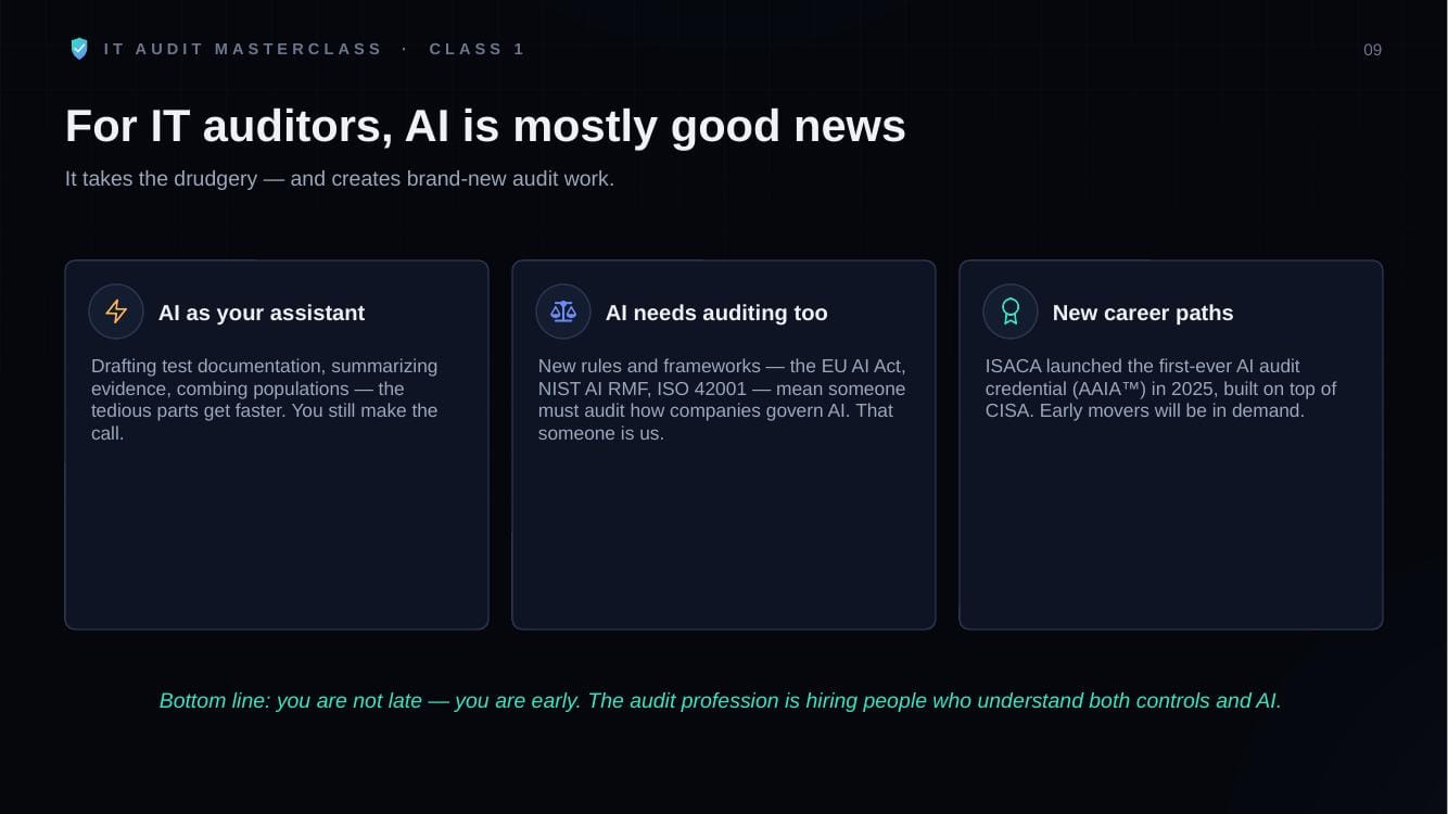Class slide explaining why AI is mostly good news for IT auditors, from IT Audit MasterClass