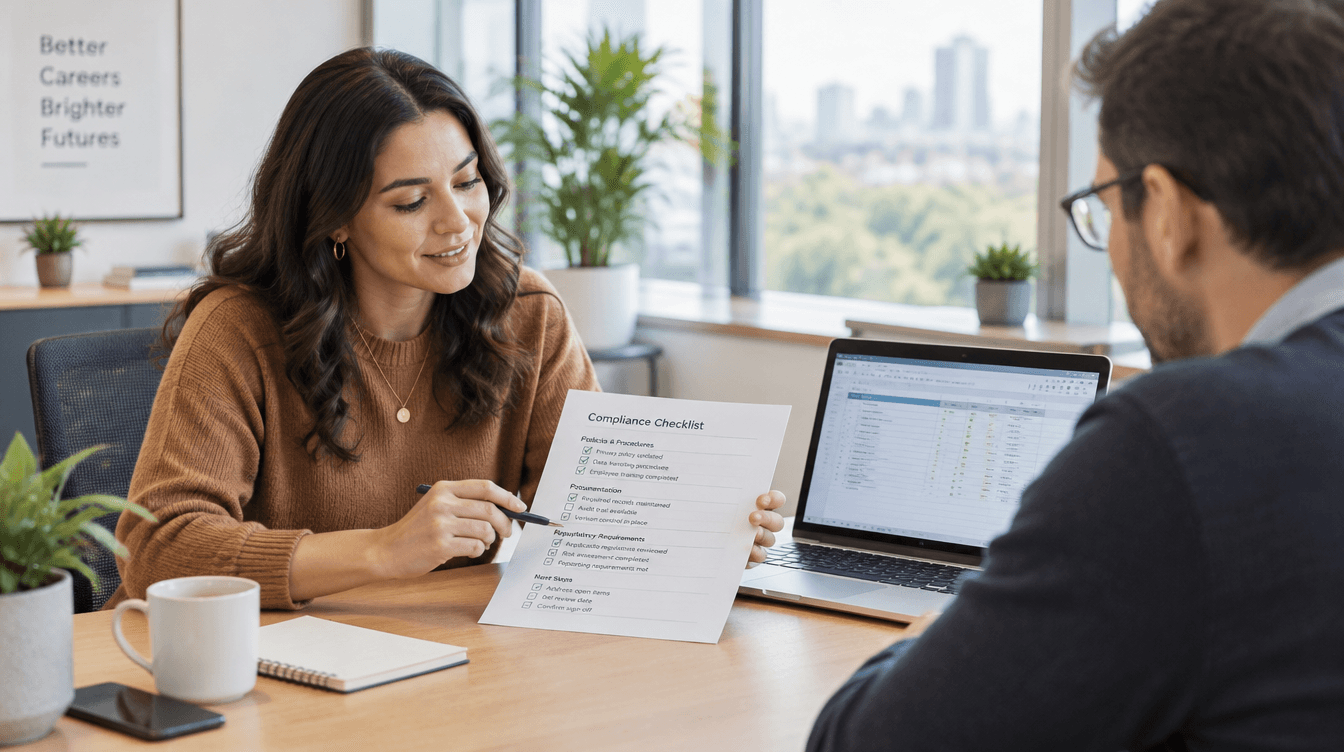 Two professionals reviewing a compliance checklist and laptop spreadsheet in a bright office, illustrating IT audit work without coding.