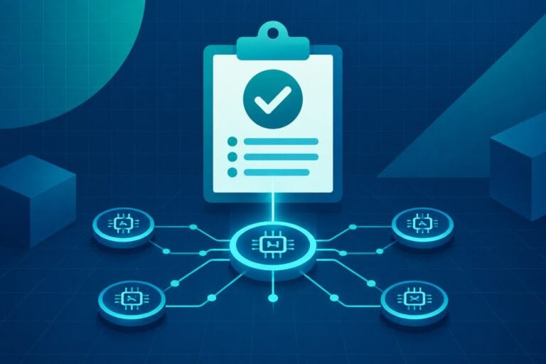 Illustration of an audit checklist overseeing a network of AI nodes, representing IT audit teams governing AI systems