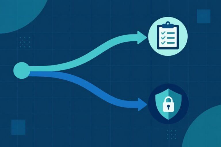 Illustration of two diverging paths, one toward an audit clipboard and one toward a security shield, representing IT audit versus cybersecurity career paths